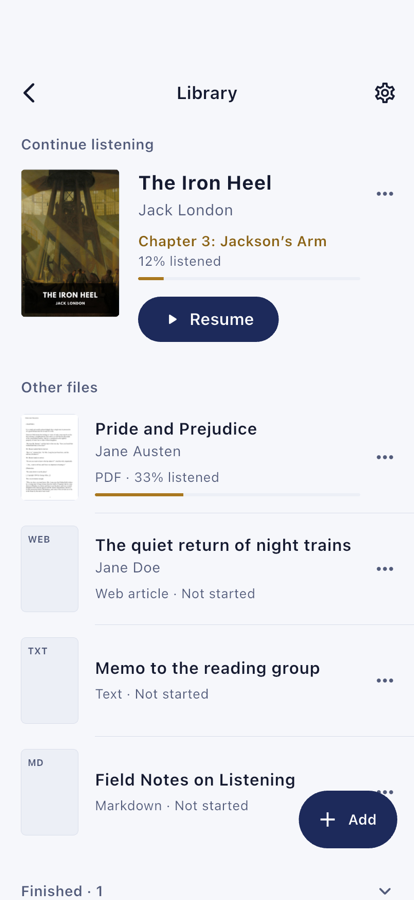 The library in Oratella: the book being listened to with its chapter and progress, and other files below.